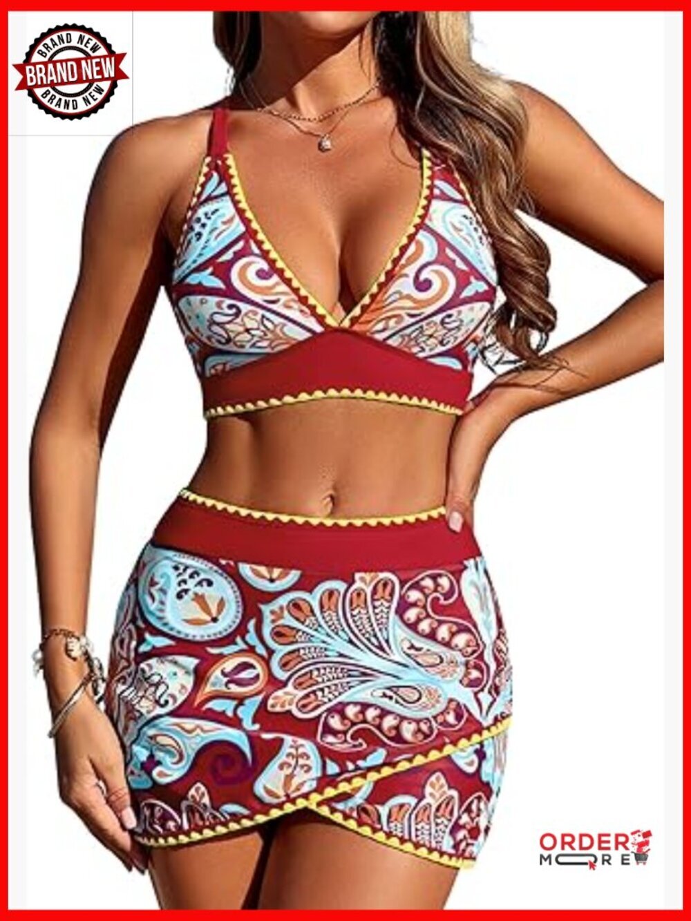 High Waisted Skirted Bikini Set with Tummy Control, Push Up Top